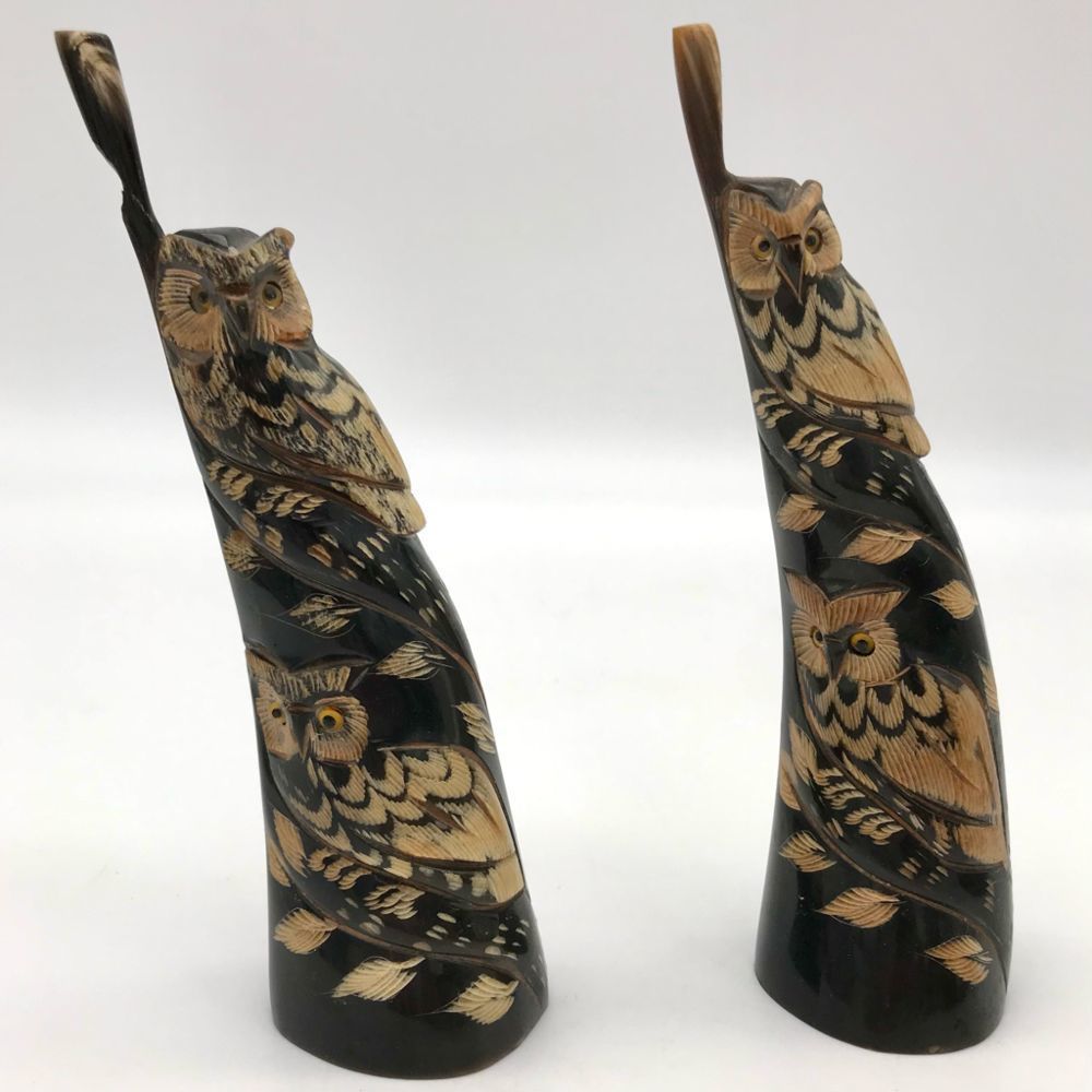 Vintage Hand Carved Buffalo Horn Pair Owls Carved In Relief